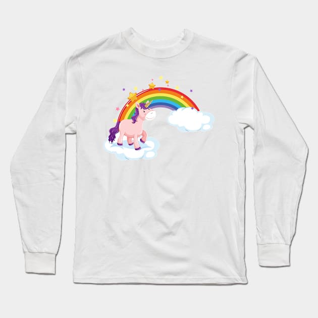 Pink Unicorn standing on cloud with rainbow Long Sleeve T-Shirt by Thumthumlam